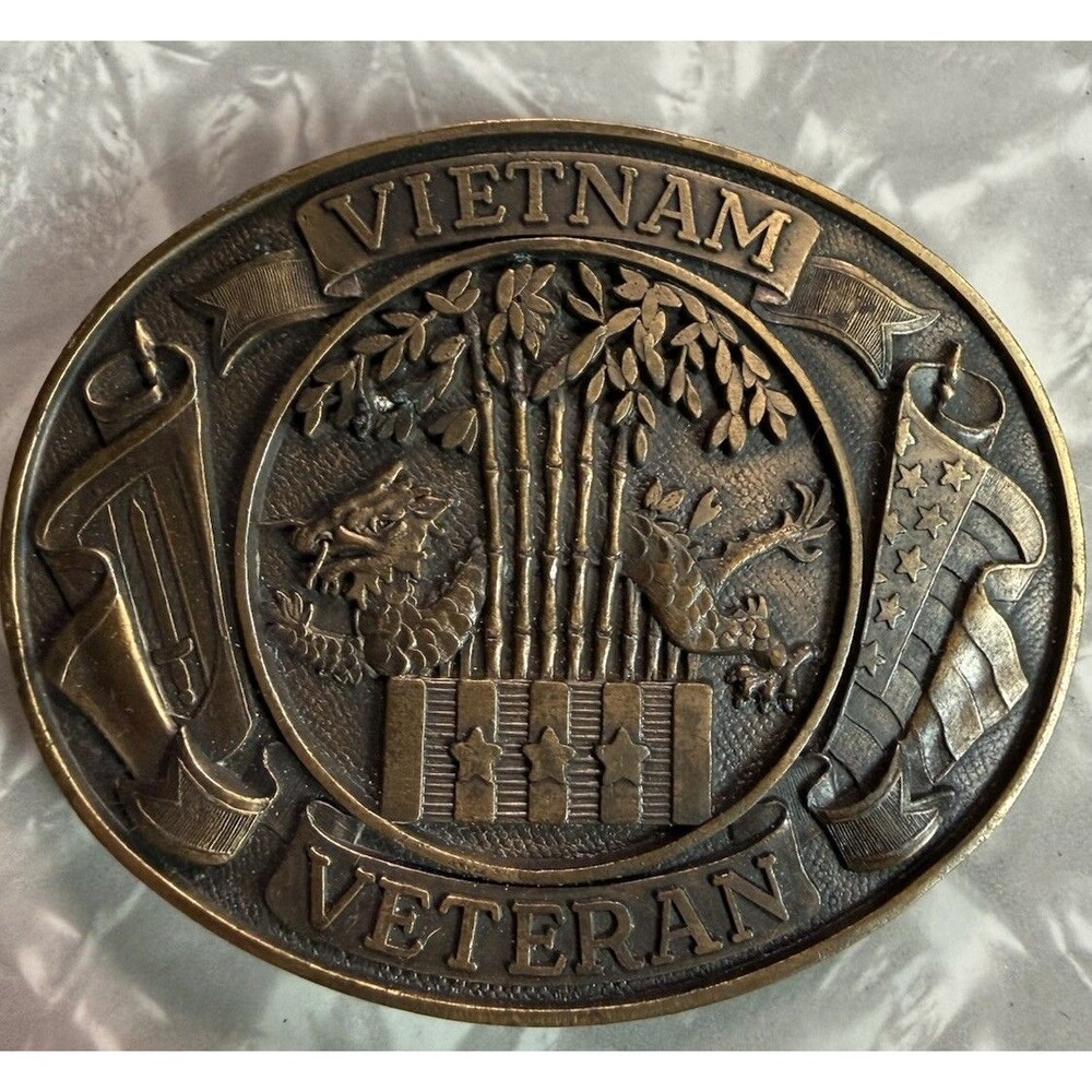 Vintage Vietnam Veteran Brass Belt Buckle Dragon Flag America Coat Of Arms